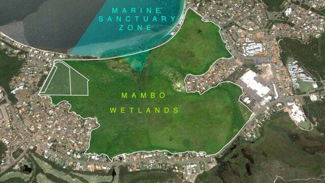 RECOGNITION SOUGHT: A band of volunteers hope 2018 is the year that the Mambo Wetlands will be included on the Ramsar list of world-significant wetlands. The sites sold at auction are pictured top left. Picture: Google Earth/Guy Innes