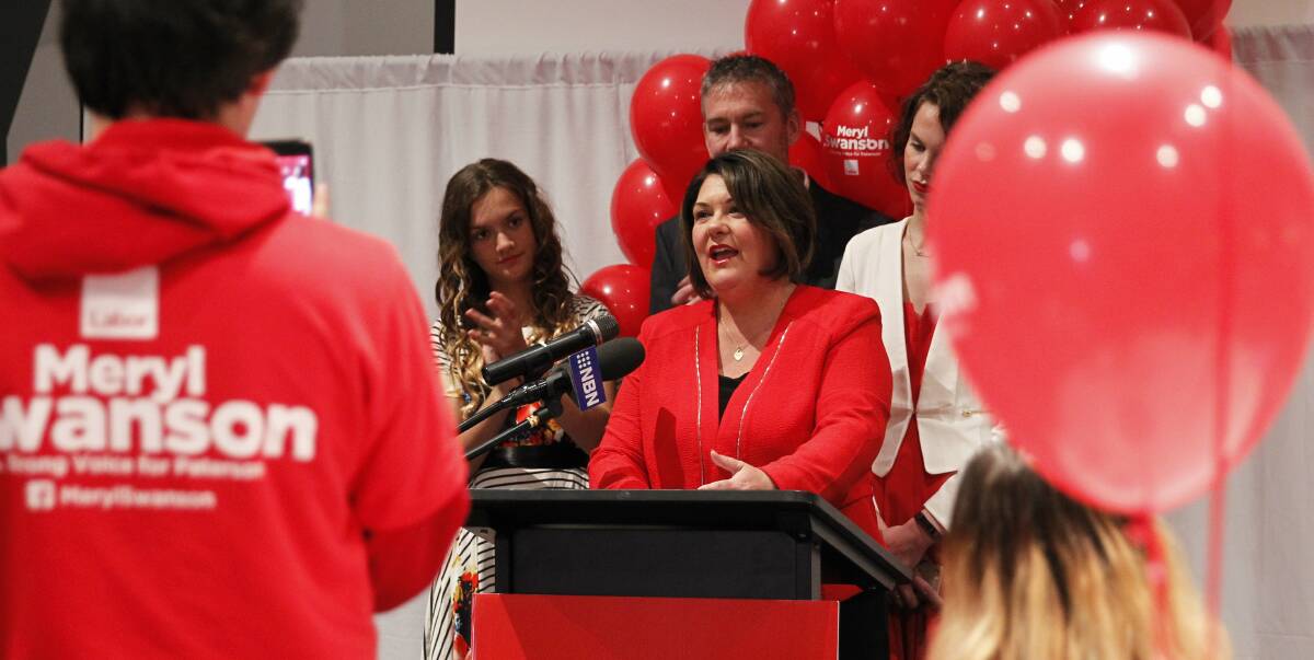 JUBILATION: The Labor candidate for Paterson Meryl Swanson romped it in on election night and was quick to thank her supporters. The next step includes a move into her Raymond Terrace offices. Picture: Max Mason-Hubers 