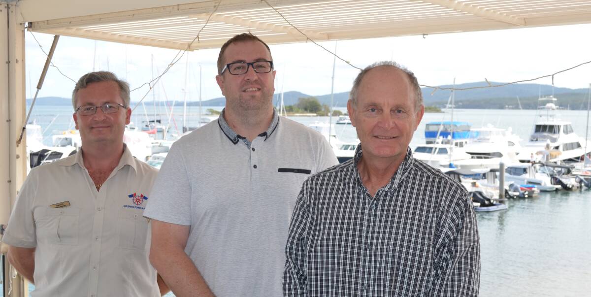 TEAM WORK: Soldiers Point Marina manager Darrell Barnett, Alseco Nelson Bay campus coordinator John Hodgson and Peter Bakewell from Lake Macquarie Sailing Charters.