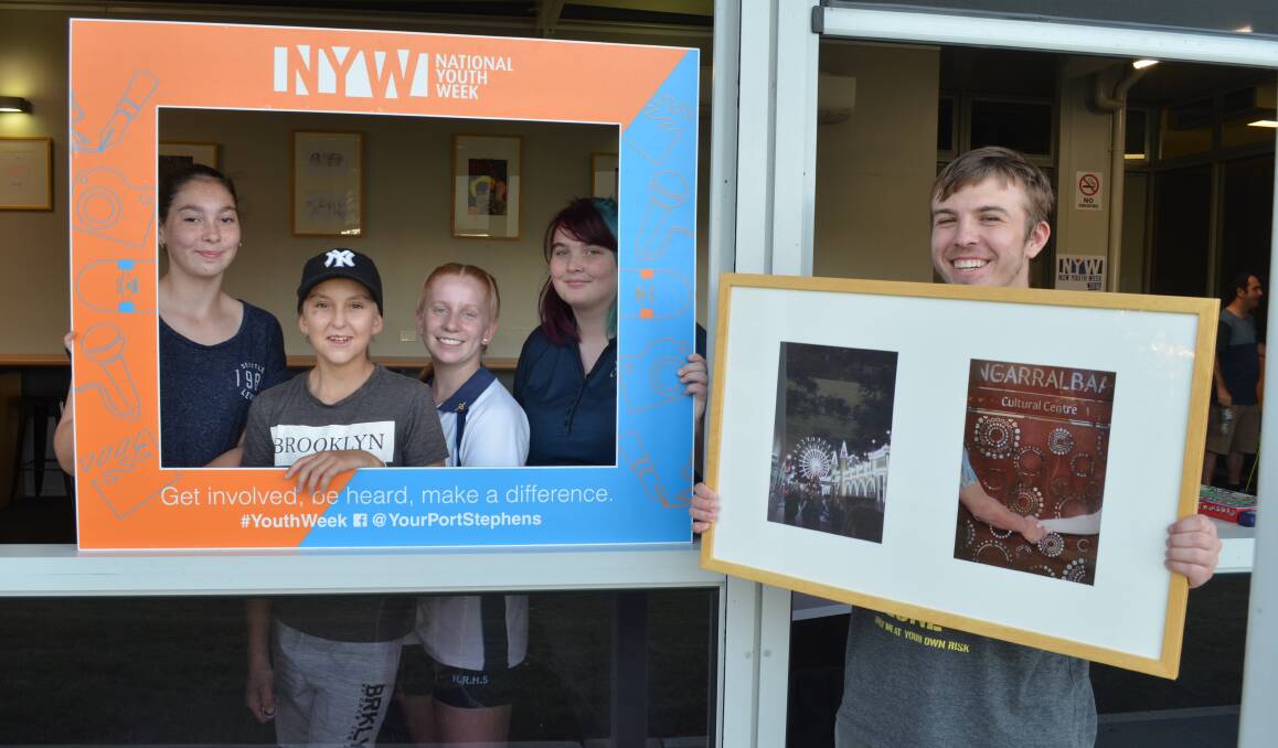 FLAIR: Haylee Cupitt, 14, Jen Major, 14, Renae Andrews, 17, Mahaylia Soars, 18, and Braydon Milford, 18, help launch a youth art space at Raymond Terrace library.