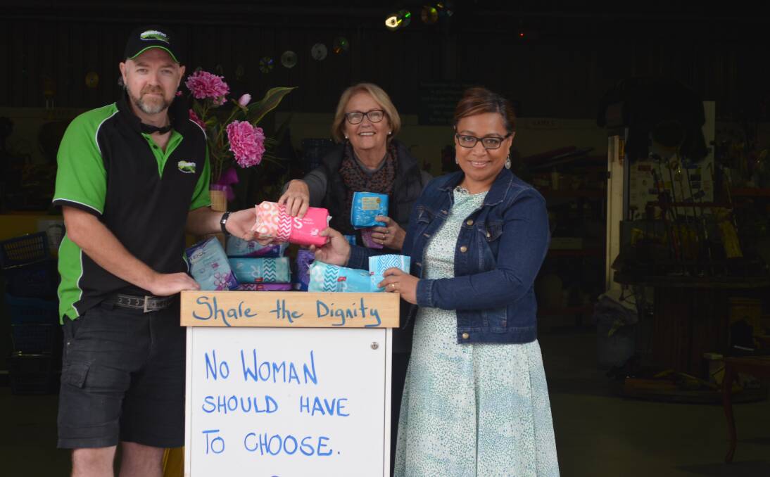 WORTHY CAUSE: Salamander Bay Recycling has helped collect 345 boxes on women's sanitary items for Share the Dignity. Pictured are Gerard McClafferty, Lynn Vatner and Sami Byrne. Picture: Sam Norris