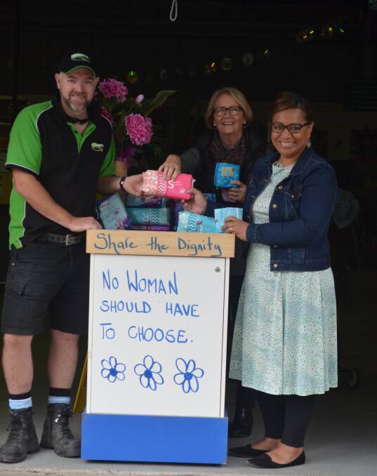 WORTHY CAUSE: Salamander Bay Recycling has helped collect 345 boxes on women's sanitary items for Share the Dignity. Pictured are Gerard McClafferty, Lynn Vatner and Sami Byrne. Picture: Sam Norris