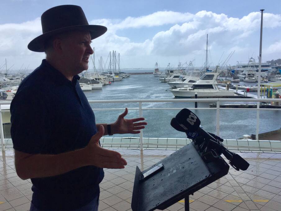 VISIT: Anthony Albanese addressing the media at Dalbora Marina at Nelson Bay on Tuesday.