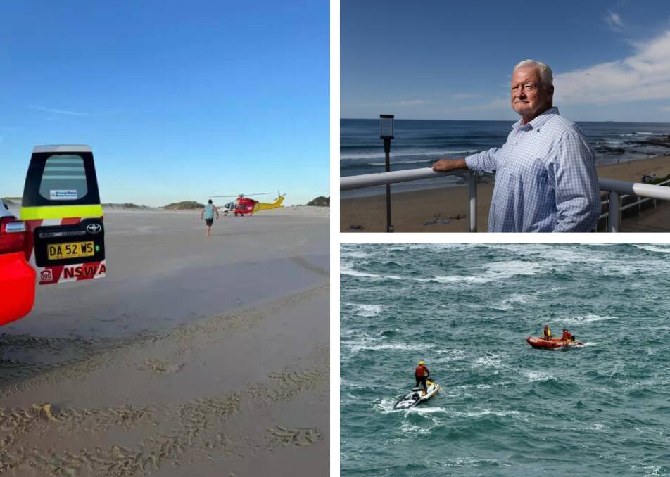 Clockwise from left, the emergency response to a drowning in December, Surf Life Saving NSW Hunter president Henry Scruton, and the search for a rock fisherman. 