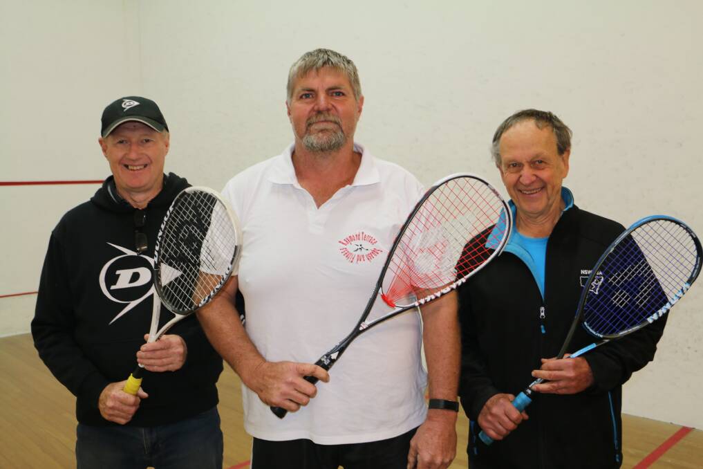 ANYONE FOR SQUASH?: Revitalising the sport at Raymond Terrace Squash and Fitness Centre are (from left) John Carroll, Phil Jenkinson and Mike McDonald.