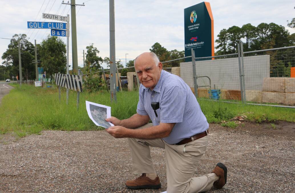 PROPOSAL: Medowie resident John Donahoo with his pedestrian underpass proposal outside the new catholic high school at Medowie Road and South Street.