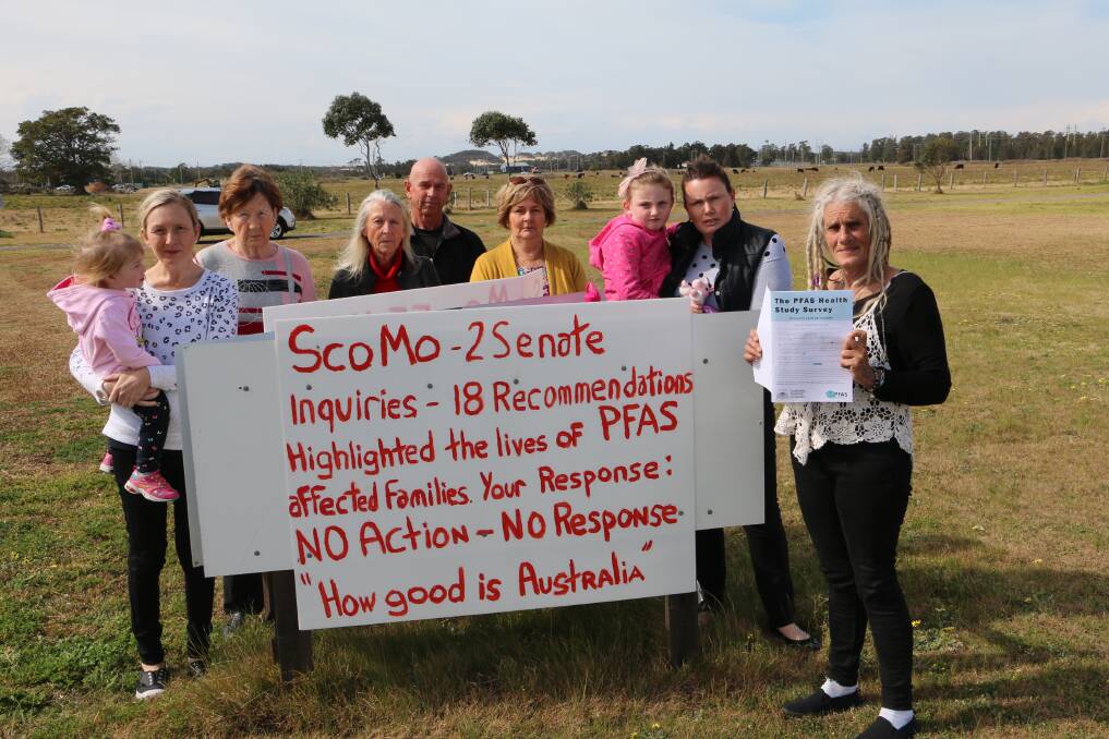ANGRY: Williamtown residents with Linden Drysdale (right) continue to live in fear of the potential physical and emotional health impacts from PFAS contamination emanating from the nearby RAAF Base.