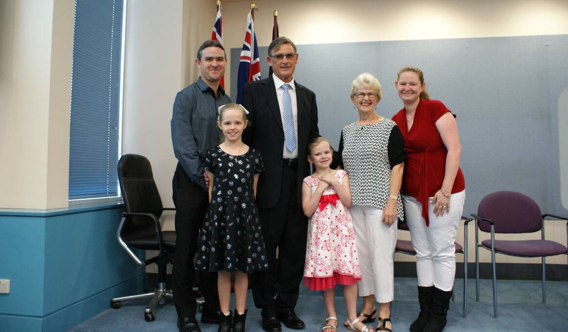 REMEMBERED: Geoff Dingle with wife Libby, children and grandchildren after being awarded Freeman of Port Stephens in 2018. Picture: Stelbel Photography