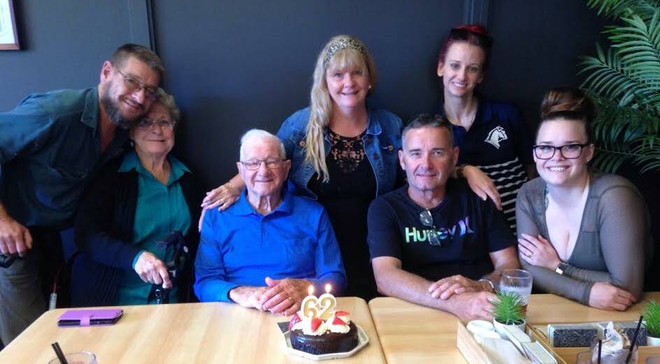 62 YEARS: Raymond Terrace's Kath and Neil Foot with family at the anniversary celebrations at the Clare Castle Hotel.