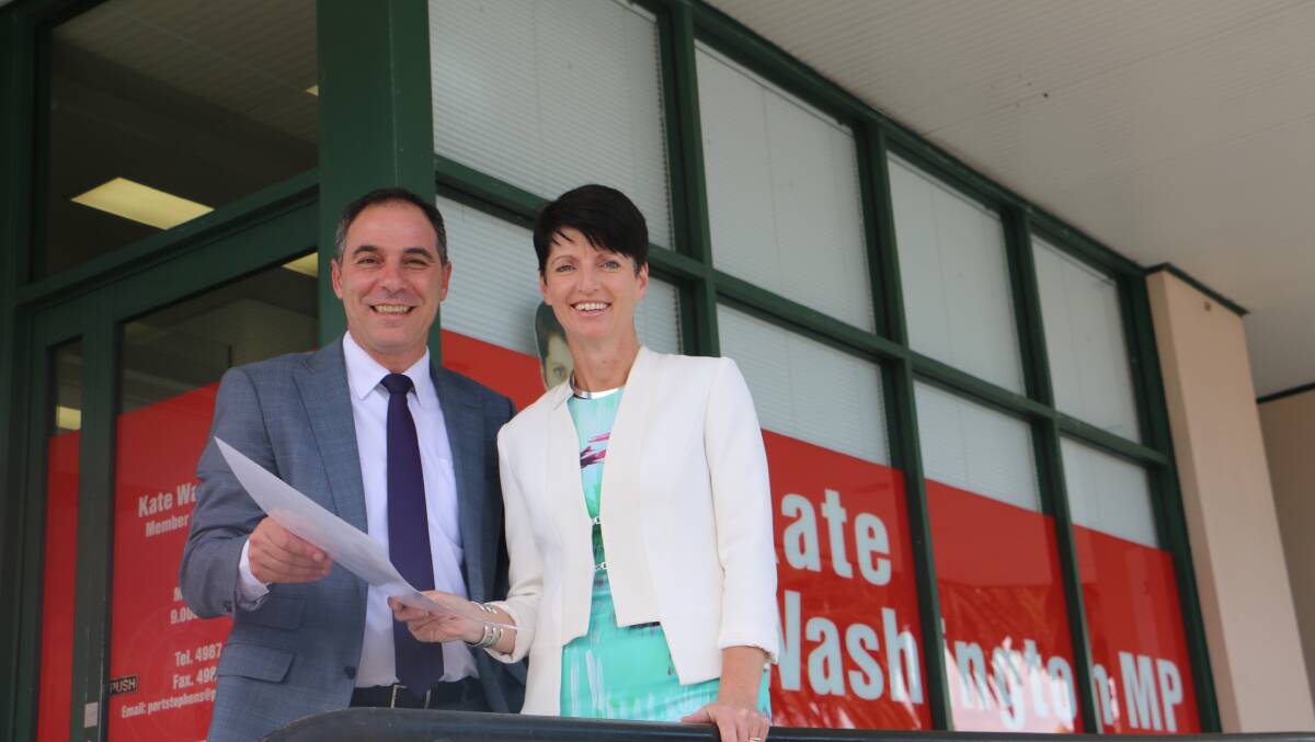 CAMPAIGNING: Labor MP Kate Washington with shadow education minister Jihad Dib at the Medowie high school commitment announcement outside her Raymond Terrace office.
