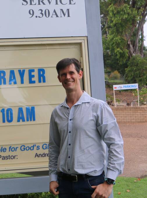 FREE DINNER: Pastor Andrew East in front of the Lighthouse Baptist Church in Government Road, Nelson Bay.