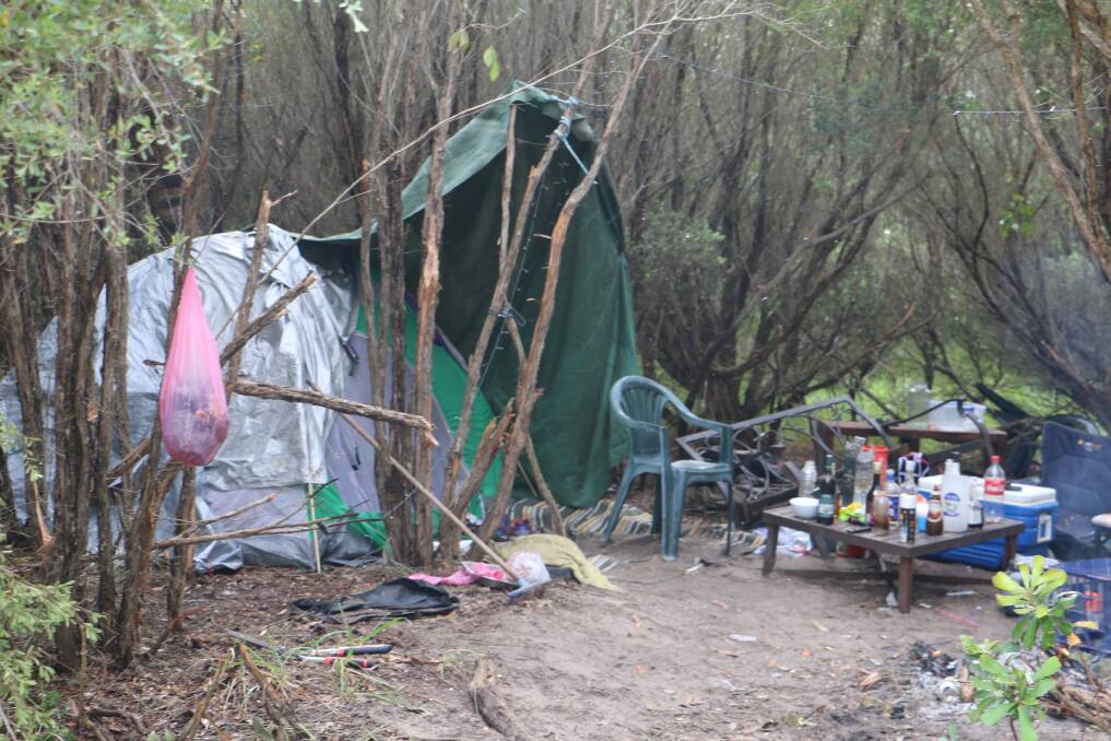 TEMPORARY ABODE: The makeshift accommodation in the Anna Bay bushland.