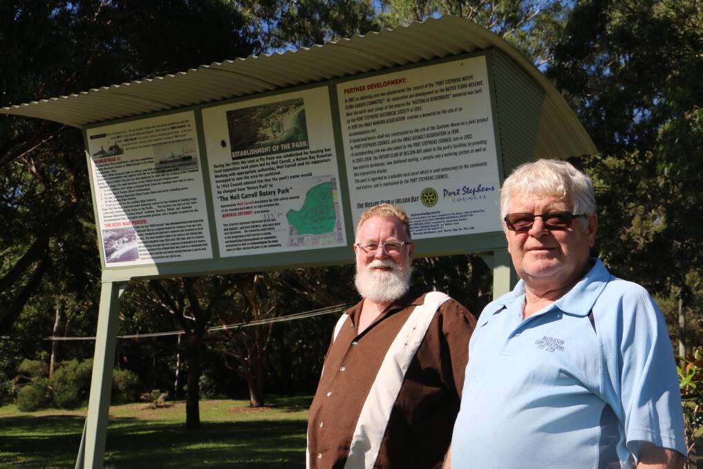 OPPOSITION: Opposing the TMA proposal are Ross Carroll (left), grandson of Neil Carroll, and Warwick Mathieson, from Nelson Bay Rotary, at Neil Carroll Rotary Park.