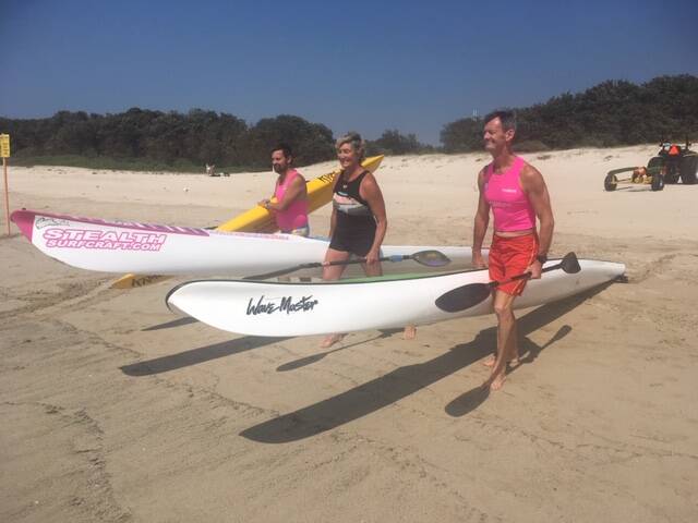 IN TRAINING: Fingal surf club members Steve Westcott, Christine Outeridge and James Worrall practicing for the masters event. Picture: Supplied