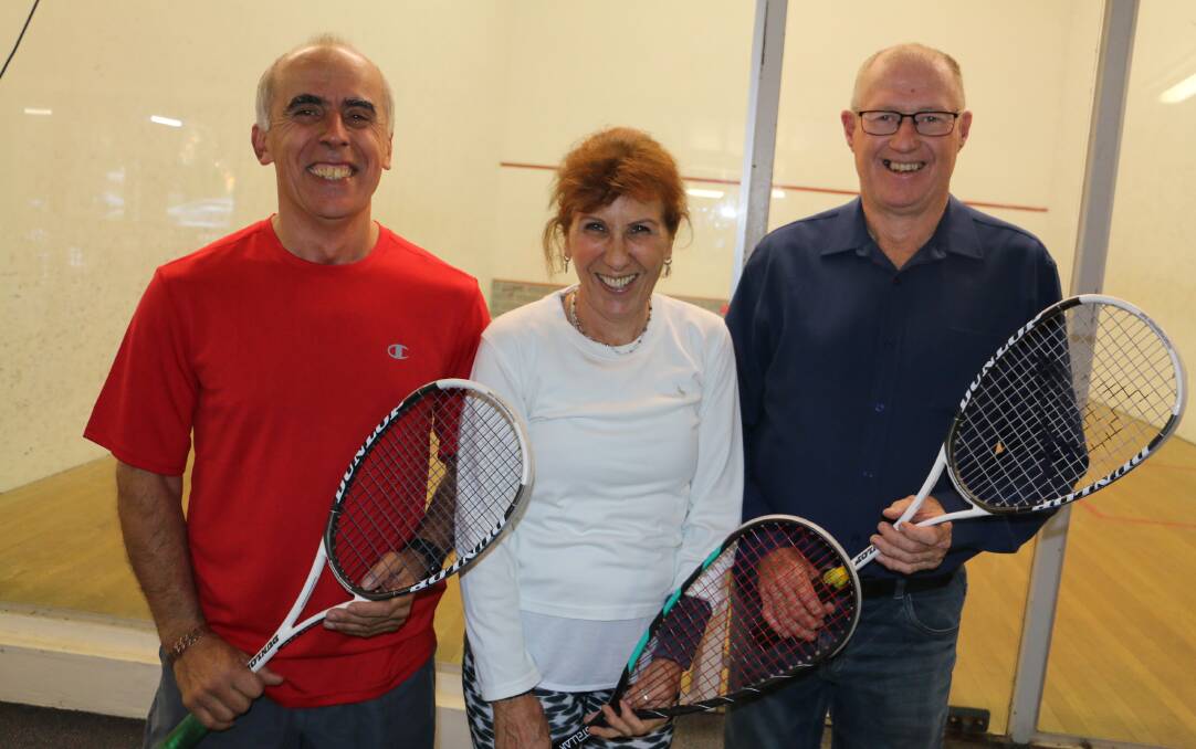 Raymond Terrace Squash club members Dragan Mijatovic, Rosalind Dixon and John Carroll.