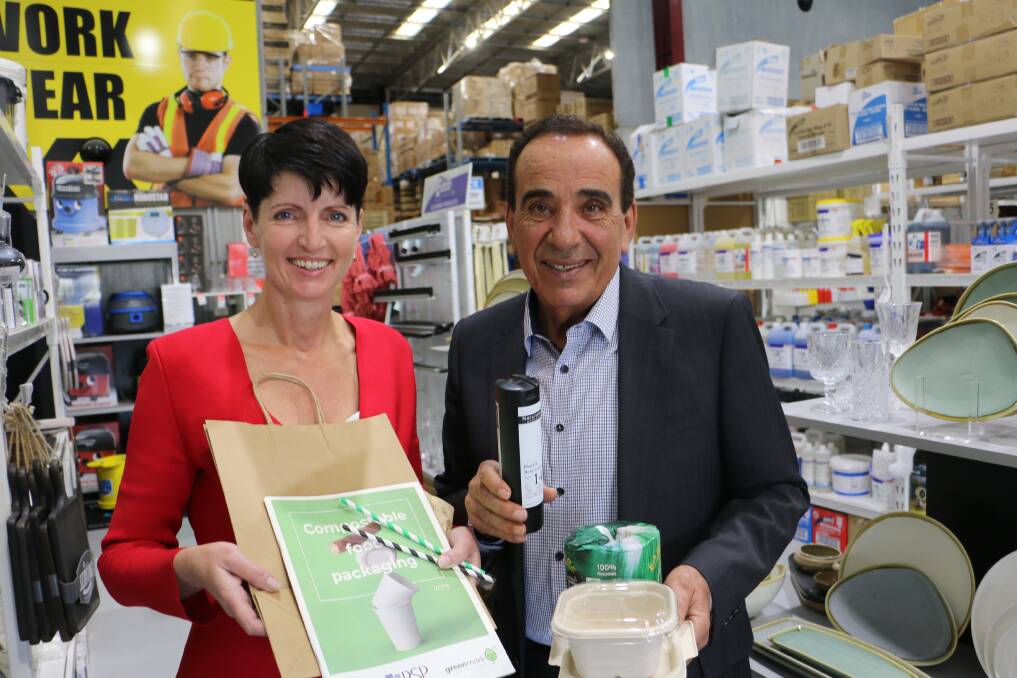 PLASTIC FREE: Port Stephens Packaging managing director Spiro Andrea with State MP Kate Washington with some alternative products to plastic packaging.