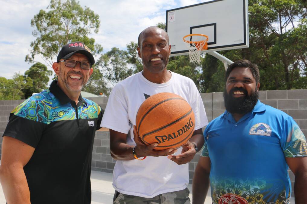 CAMP DAY: Famous Newcastle basketballer Butch Hays, a member of Snap, was at Murrook on Monday doing what he does best. He is flanked by Andrew Smith (left) and Worimi education staffer John Schultz.