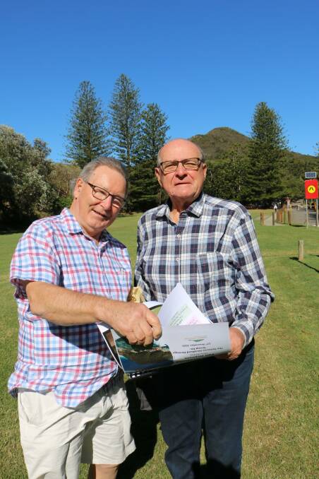 PUBLIC HANDS: Peter Clough (left) and Geoff Washington say the Tomaree Lodge site offers unique opportunities for a future cultural, military, marine facility.