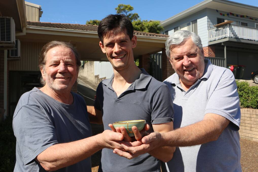 BOWL OF HOPE: From left Greg Smith, Andrew East and Peter Butler prepare for the 'Growing through Grief' gathering at Nelson Bay Baptist Church on June 16.