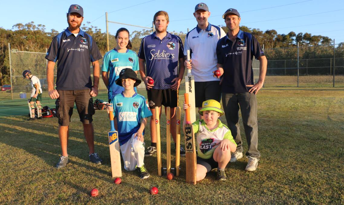 PARTNERSHIP: Nelson Bay Cricket Club has merged its juniors: Riley Goodwin, 8, Aaron Clayton, 12, Lillee Banks, 13, Preston Brealey, 17, with its seniors: Jeff Simms, Bryce Causley and Brett Goodwin.