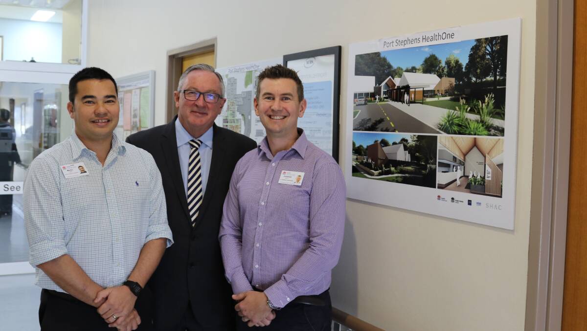 Martin Lau, Brad Hazzard and Jonathan Holt at Tomaree Community Hospital on August 225, where a HealthOne will be built.