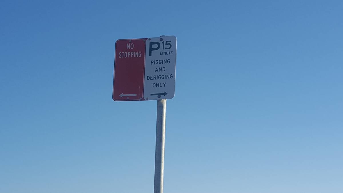 RESTRICTIONS: The newly installed council parking sign near the boat ramp at Soldiers Point.