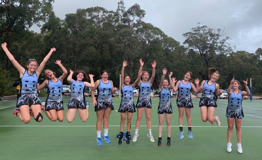 WINNERS: Nelson Bay Netball Association's intermediate grade grand final winners literally jumping with joy after running out 46-20 winners over the Lava Girls. Pictures: Supplied