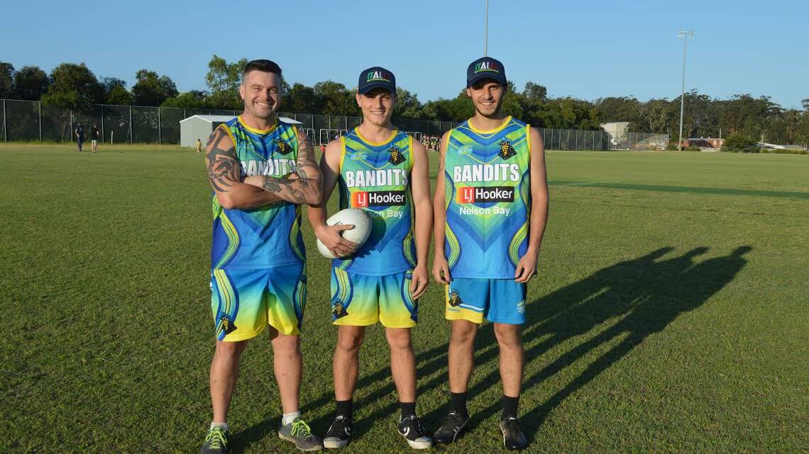 WORLD BEATERS: Port Stephens Bandits Oztag World Cup representatives Blaine O'Flaherty, Alex Napoli and Jacob Napoli.