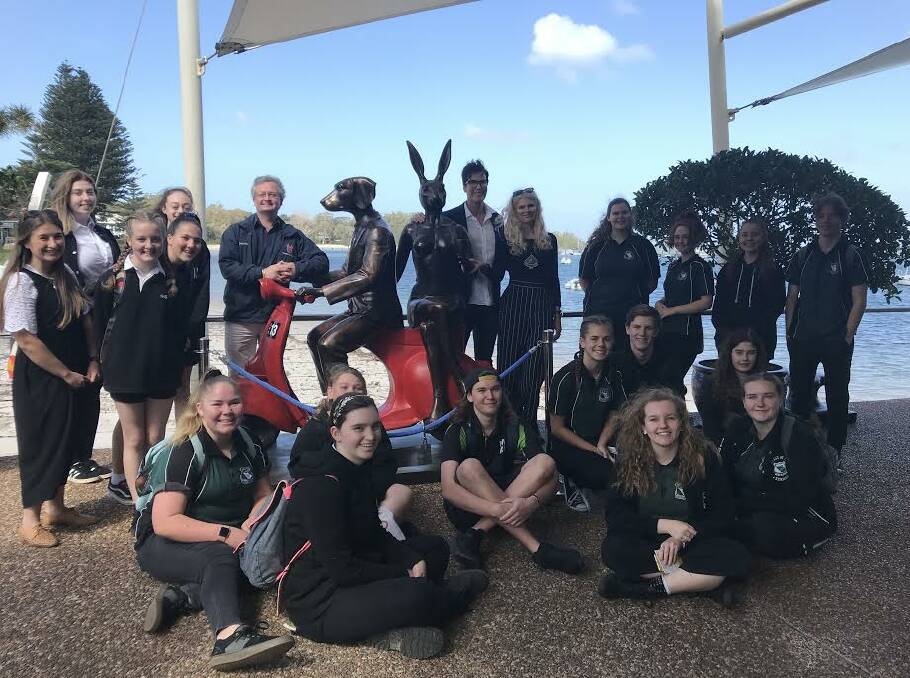 FUN: Students from Irrawang High at the Sculptures by the Sand launch at Soldiers Point Marina. Picture: Supplied