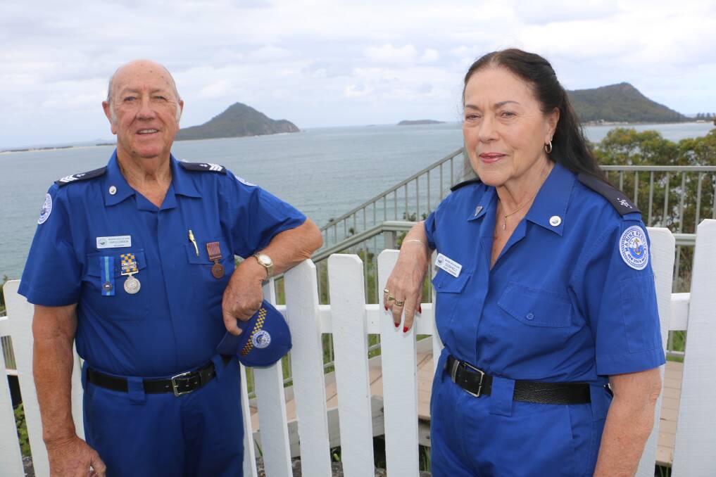 LONG SERVICE: Two of the longest serving members at Marine Rescue Port Stephens Harold Gibson and Eileen Kelly at the Tomaree Head base last Friday.
