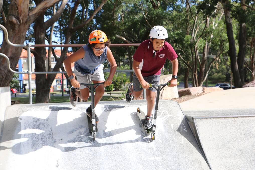 Brothers Jamal Fsadni, 13, Zayne, 11, of Nelson Bay, in preparation for the Youth Week skate and scooter comp to take place at Fly Point skate park on Sunday, April 14