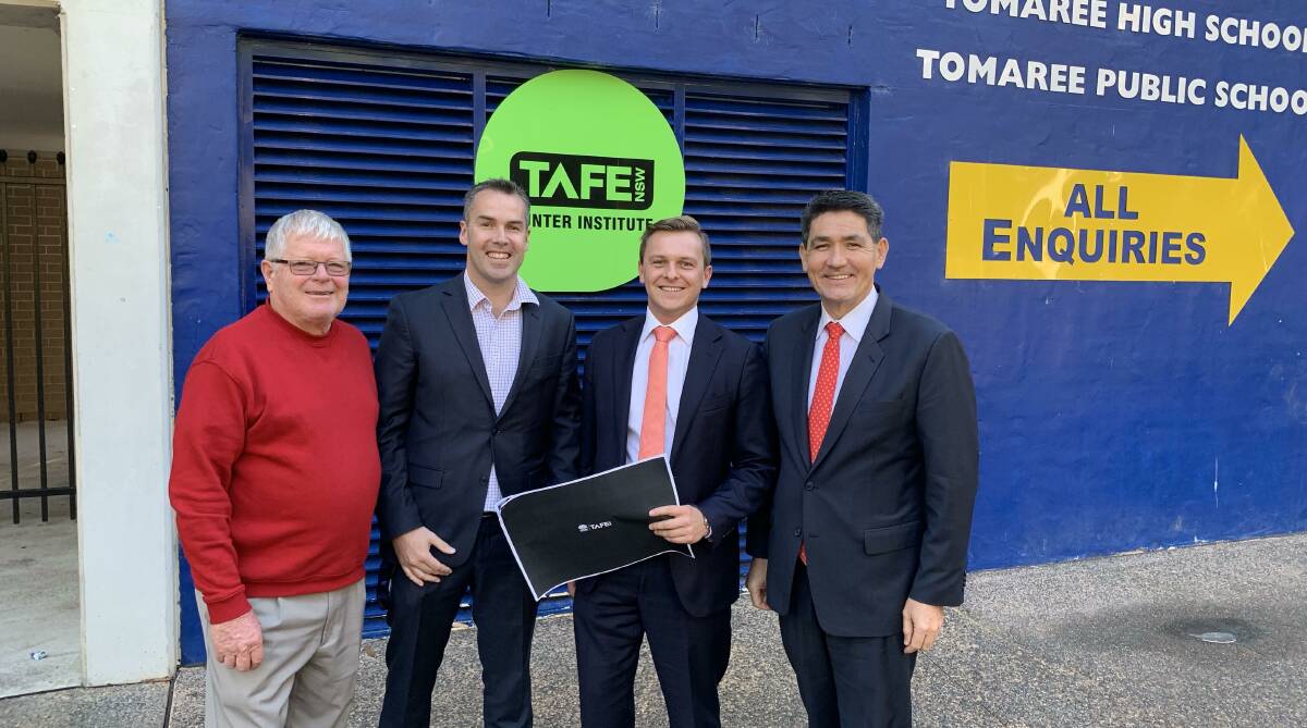 DISCUSSIONS: Community college board chairman Warwick Mathieson with (l-r) mayor Ryan Palmer, Hunter MLC Taylor Martin and Minister Geoff Lee at the Tomaree Education Centre. Picture: Supplied