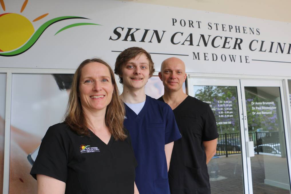 SKIN CHECK: Dr Anna Brummitt, Plexr Plus technician Harry Brummitt and Dr Paul Bilokopytov at the opening of their new skin cancer clinic in Ferodale Road, Medowie.