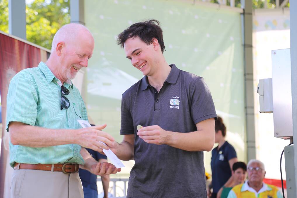 MEDAL PRESENTATION: Cr Giacomo Arnott presents Nelson Bay's Nigel Waters with his medal at the 2019 Australia Day civic awards ceremony. Picture: Ellie-Marie Watts