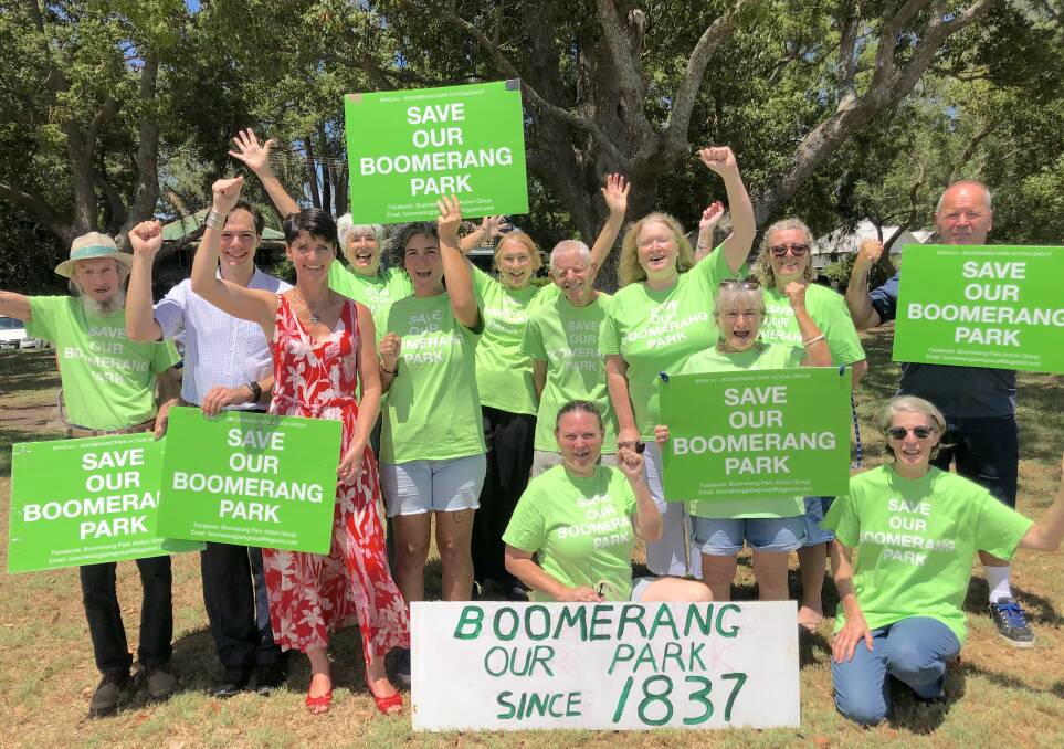SAVED: Cr Giacomo Arnott, State MP Kate Washington and members of the 'Save our Boomerang Park' group show their approval following the Port Stephens Council decision last Tuesday night.