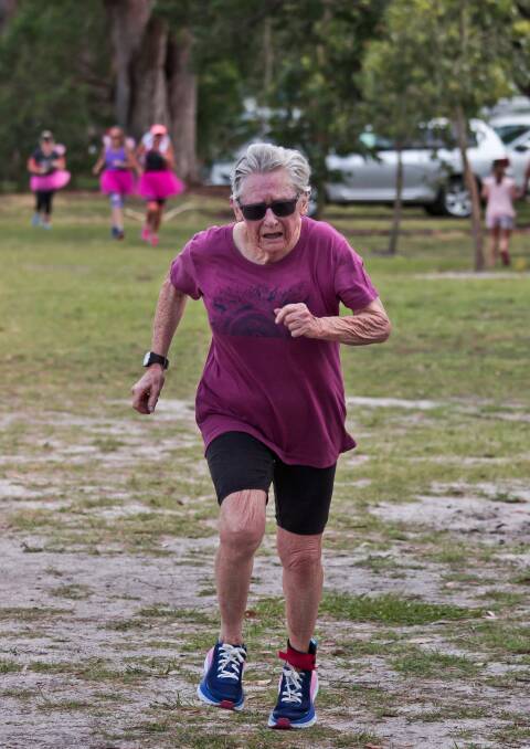 DETERMINED: Jean Hardacre, aged 79 years and 11 months old, finished with a determined sprint to the finish line. Pictures: Danny James/DRJ Photography 