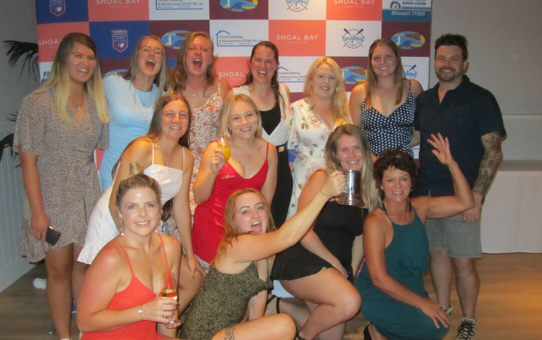 TAG TEAM: The Fingal Bay Bomboras ladies tag team with coach Blaine O'Flaherty at the recent presentation night. Picture: Supplied