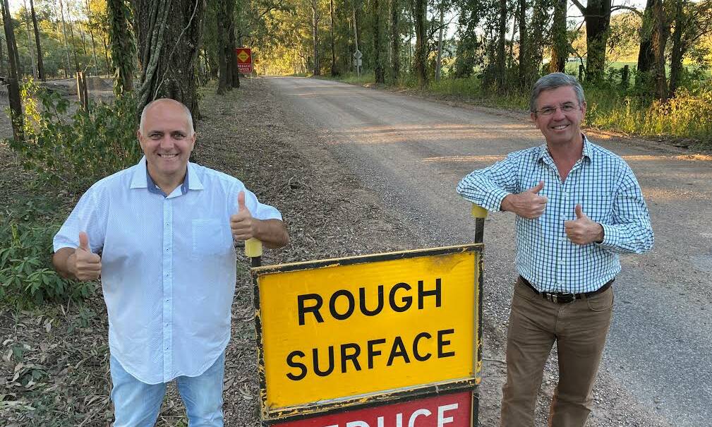 THUMBS UP: West ward councillor Ken Jordan with Nationals MP David Gillespie announce the funding for Duns Creek Road. Picture: Supplied