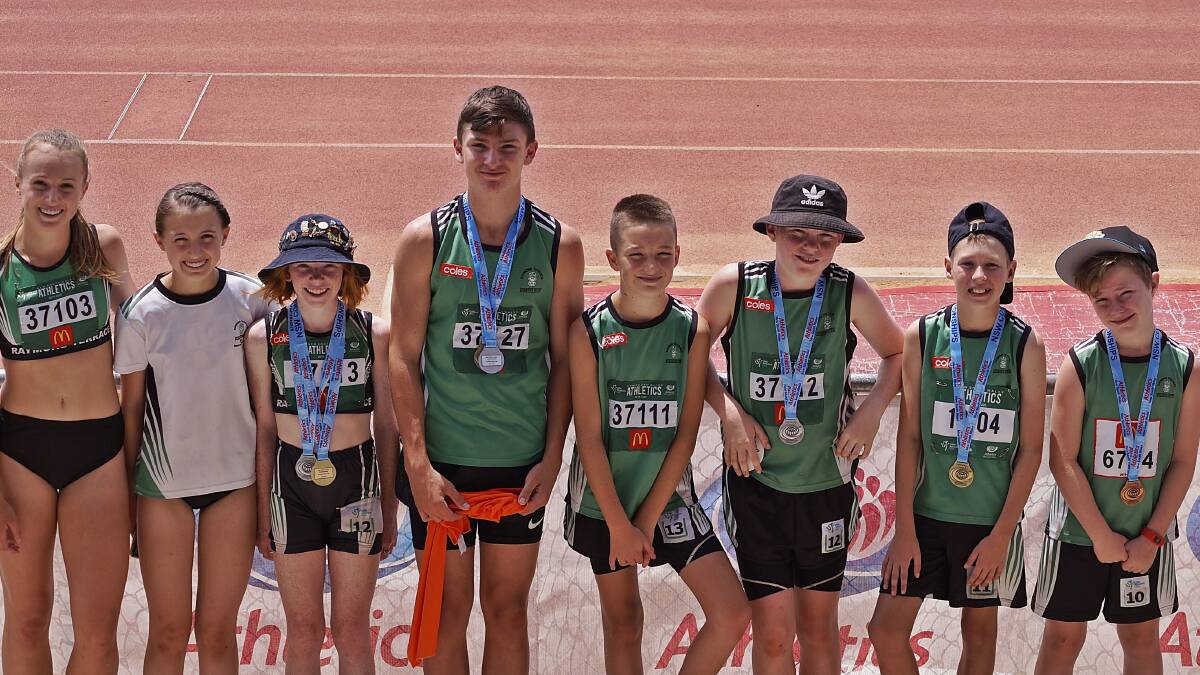 GOOD WORK: Raymond Terrace Little Athletics Centre athletes at the NSW Country Championships in Dubbo in January. Twelve members of the team collected an incredible 36 medals. Picture: Supplied 