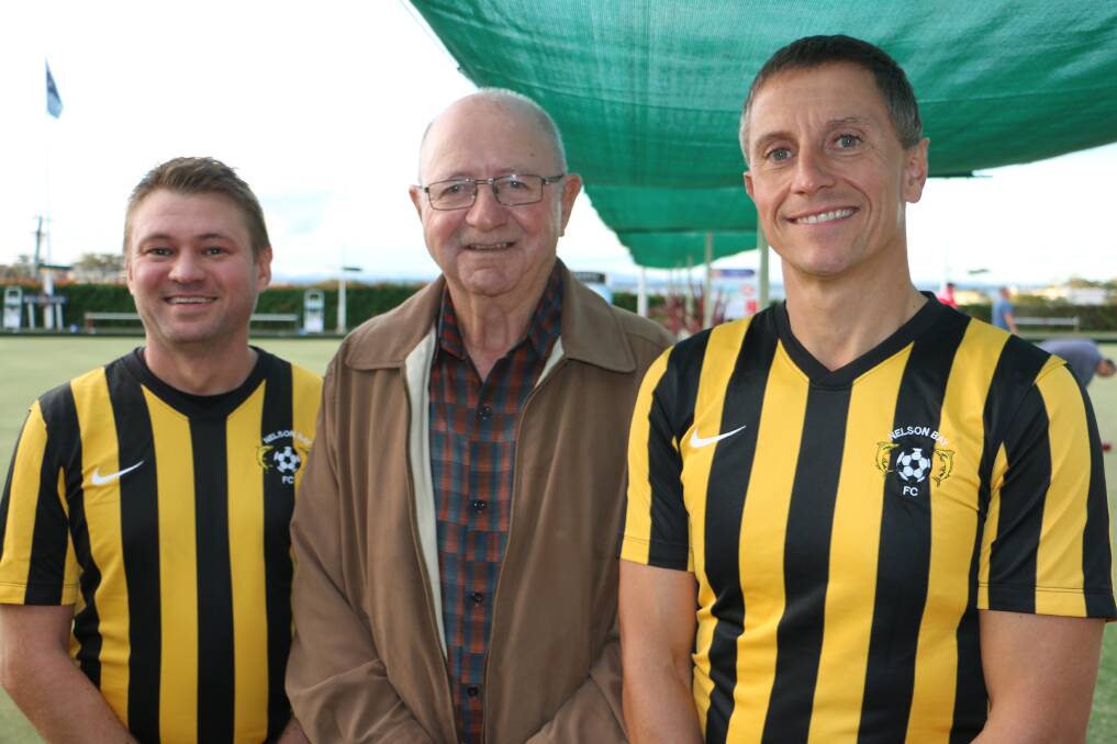 NEW DEAL: Nelson Bay Bowling Club board chairman Max Harman with Nelson Bay Football Club president Ben Reynolds and vice-president Charlie Flint.