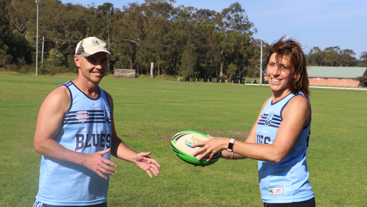 NEW BLUES: The Port's two newest touch footy state of origin stars Cal Mitchell and Elissa Doherty in training at the Nelson Bay fields.