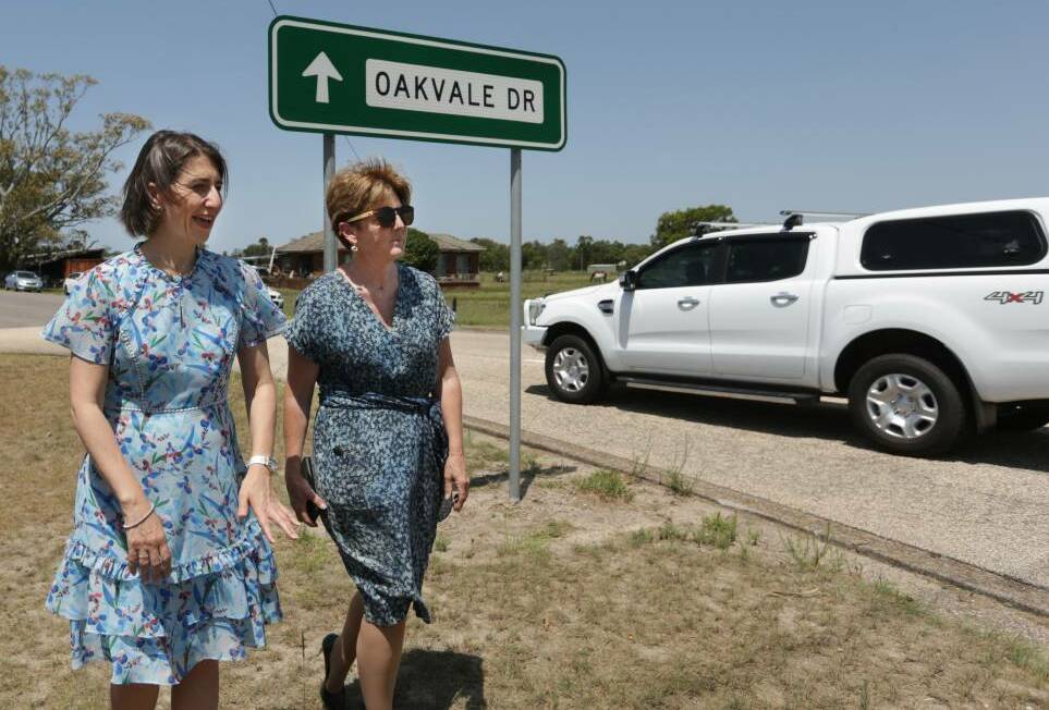 BACK IN THE HUNTER: Catherine Cusack (right) in Port Stephens with Premier Gladys Berejiklian during the state election campaign.