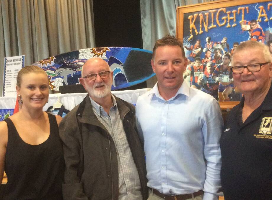 LUNCH FOR A CAUSE: From left: Men of League's well-being officer Jessica Macartney, Johnny Lewis, Knights coach Adam O'Brien and Port Stephens branch president Chris Kelly. Picture: Supplied