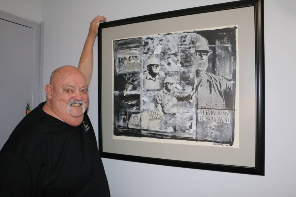 REUNION: Aubrey Brooks, BHP Newcastle's history researcher, with a collage depicting three generations of the Brooks family at his Tanilba Bay home.