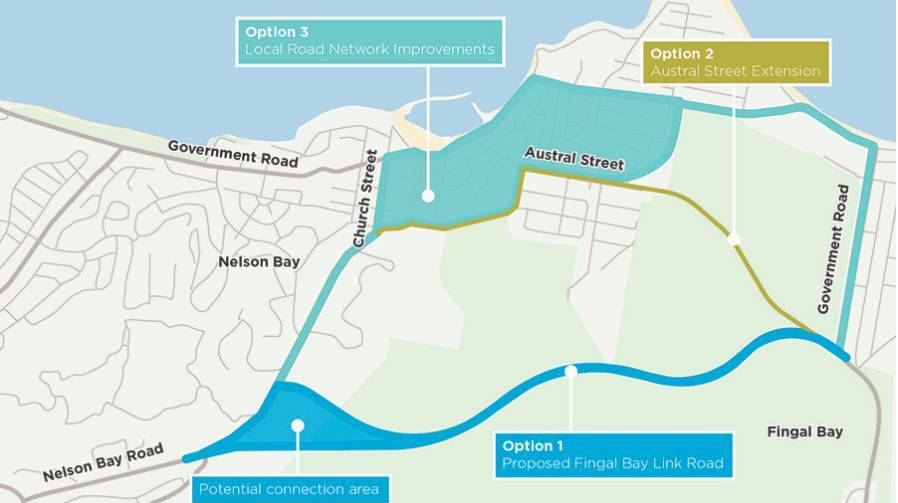 CONCEPT: Three route options for the Fingal Bay Link Road have been released by Transport for NSW. Residents have until December 11 to have their say.