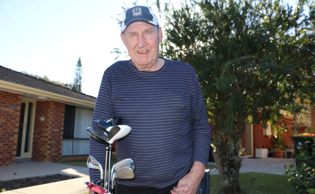 THE GOLFER: John McDonell still enjoys a round of golf at David Grahams at Anna Bay, using a cart.