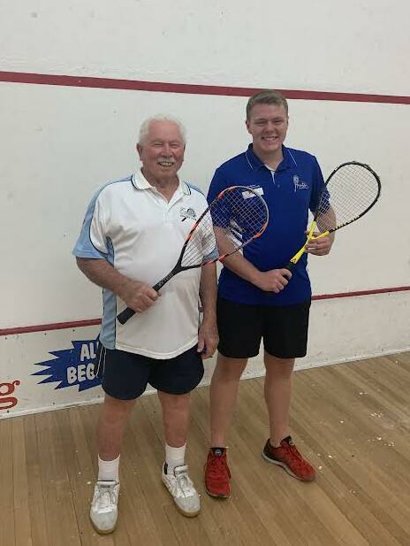YOUNG & OLD: Derek Ray and Jack Jenkinson, 15, and the oldest and youngest members of the Raymond Terrace squash centre. Picture: Supplied