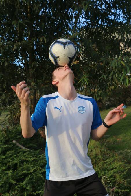 US BOUND: Nelson Bay Football Club's Kean Thomas, 19, shows off his football skills which earned him a scholarship to the US state of New York starting in August.