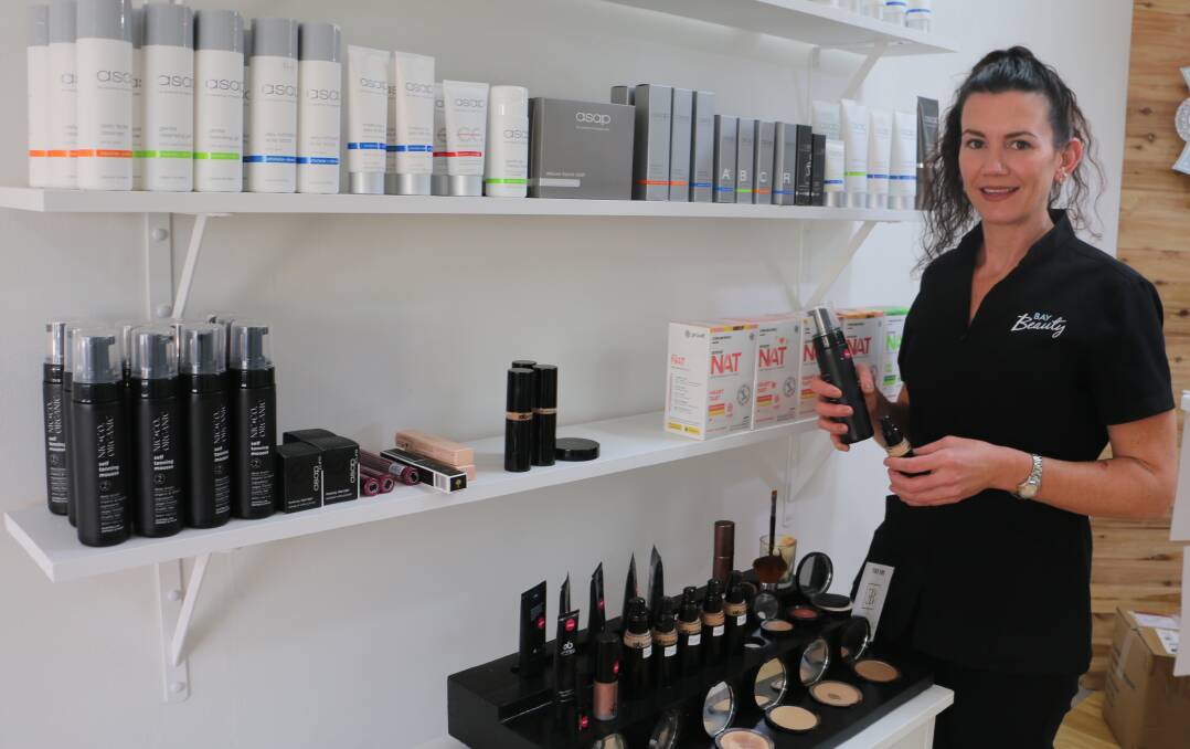 BEAUTY: Bay Beauty's Kellie Pinochet with a display of some of her beauty products for clients available at her Nelson Bay clinic.
