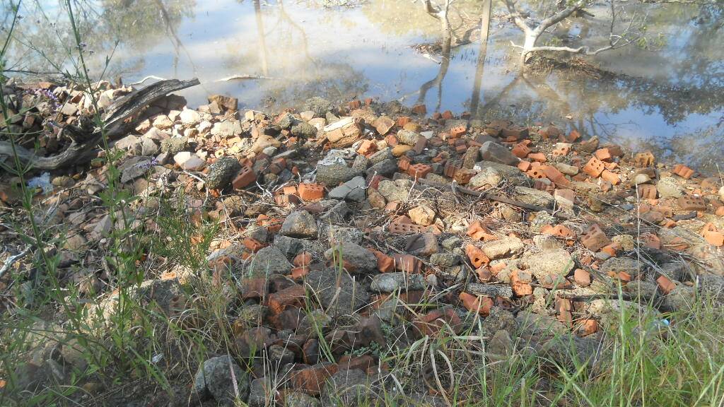 DUMPED: House bricks scattered along Black Swan Bay in Tanilba Bay. (Pictured Supplied)